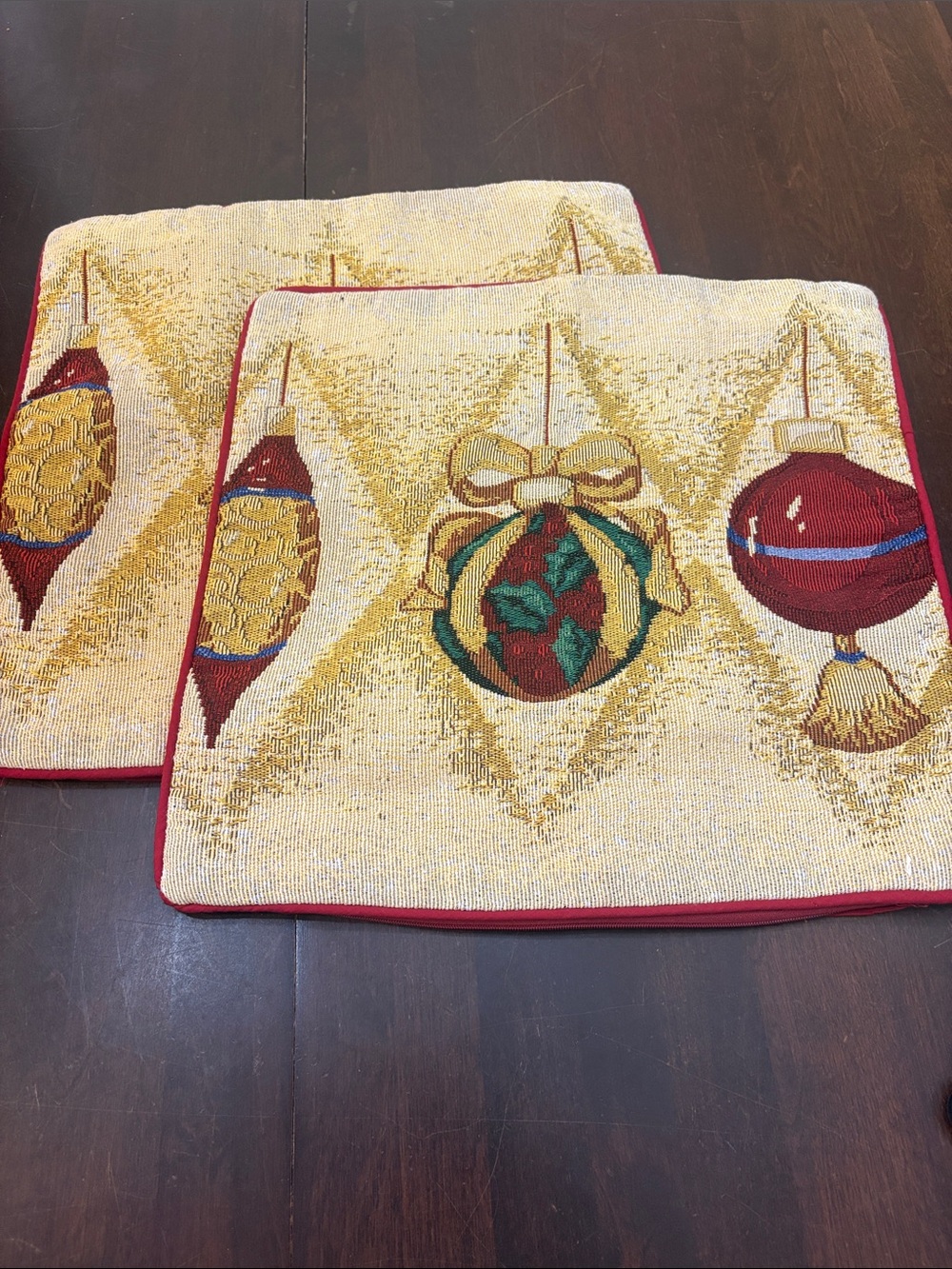 2 Holiday Ornament Tapestry Accent Pillow Covers in Gold and Red